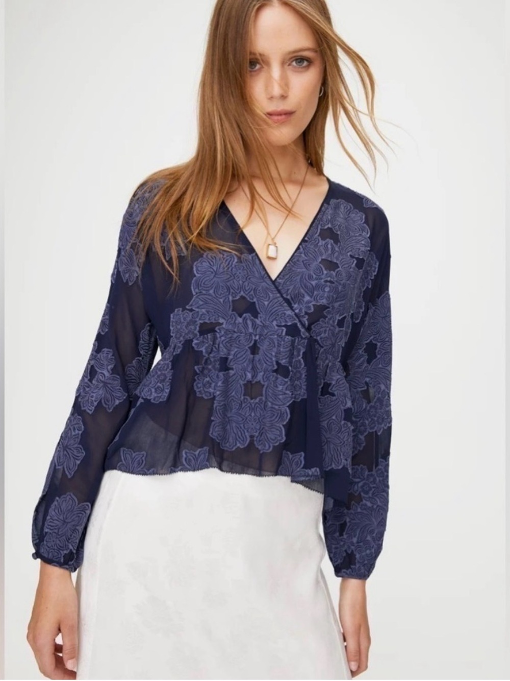 Wilfred Navy Floral Embroidered Wrap Blouse
